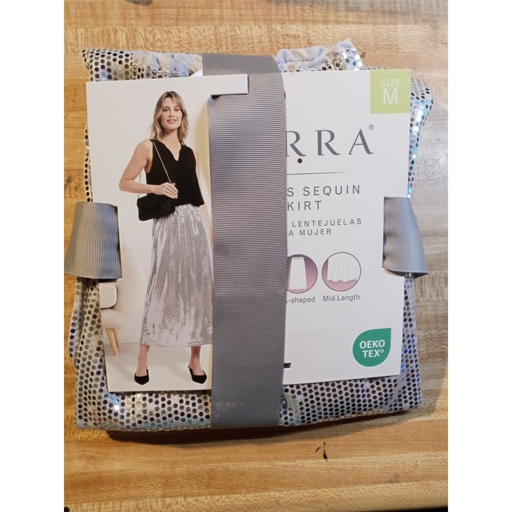 Serra Aldi Sequin Skirt Size Medium Silve MIDI Pleated Pull On Stretch Party NEW